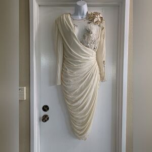 Vintage ivory rhinestone dress with shoulder pads circa 80's